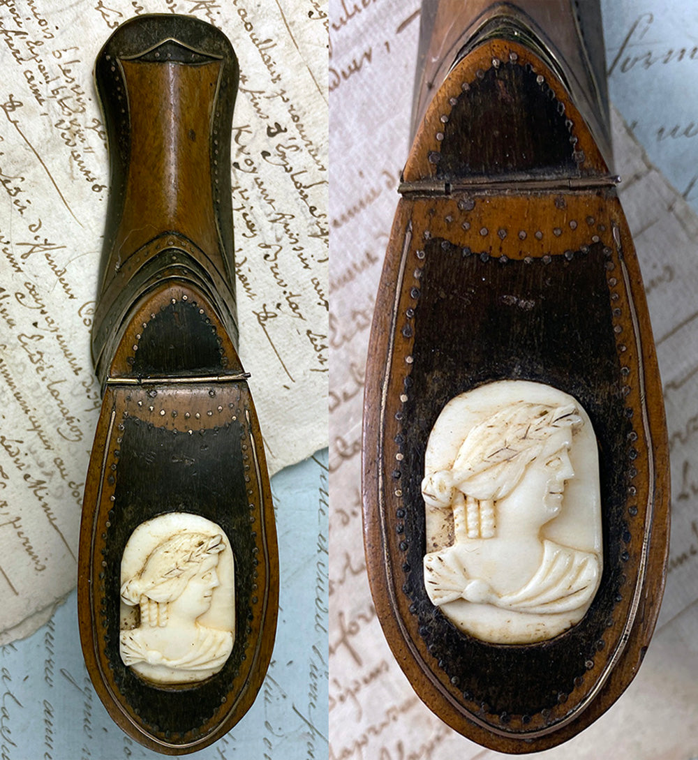 Antique French 6" Carved Shoe or Boot Snuff Box, Pique, Carved Portrait c. 1700s