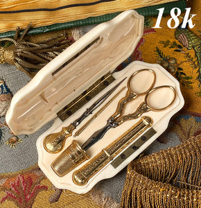 Superb Antique 18k Gold Embroidery or Sewing Set Necessaire in Original c.1850s French Etui of Ivory