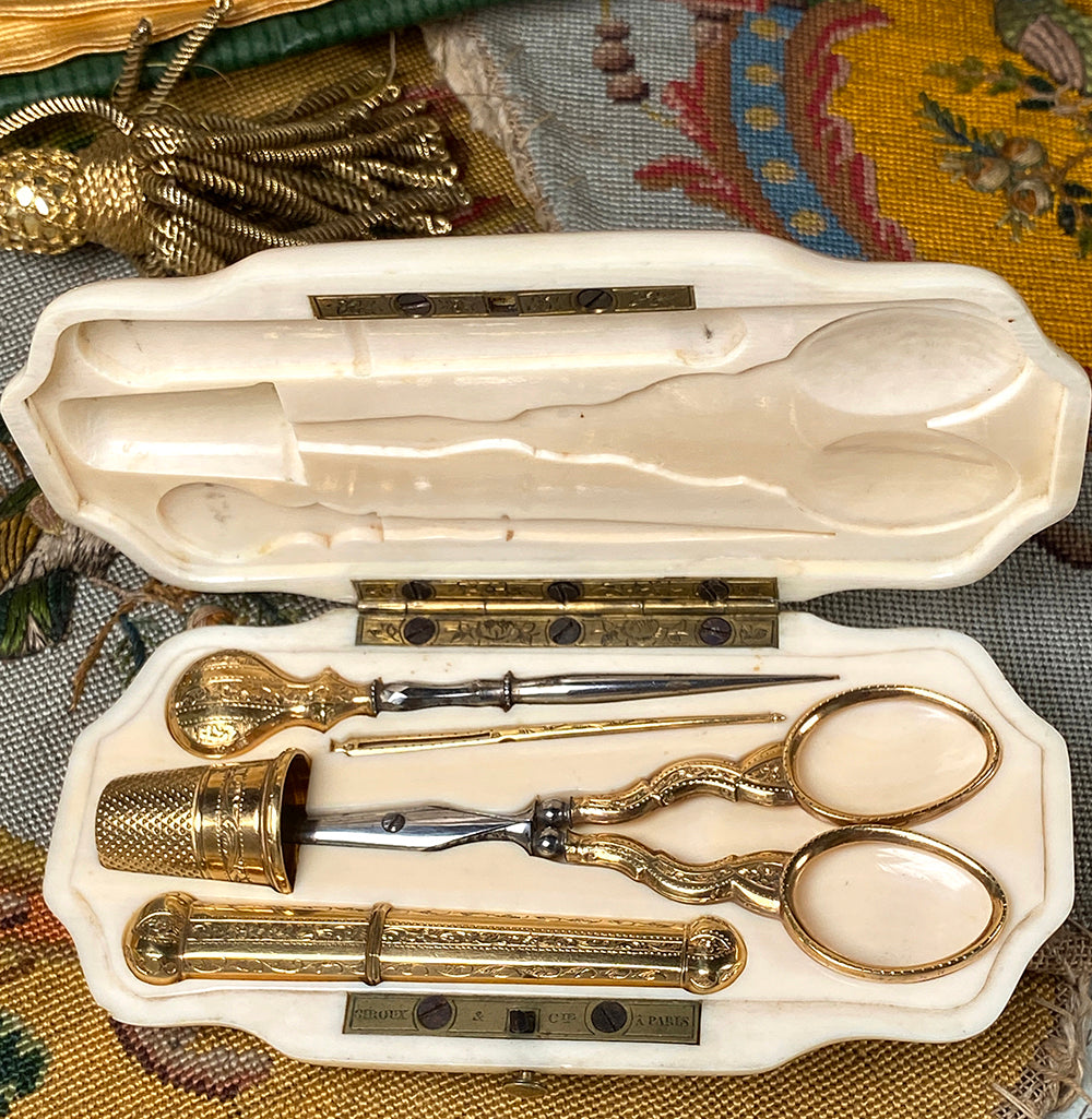 Superb Antique 18k Gold Embroidery or Sewing Set Necessaire in Original c.1850s French Etui of Ivory