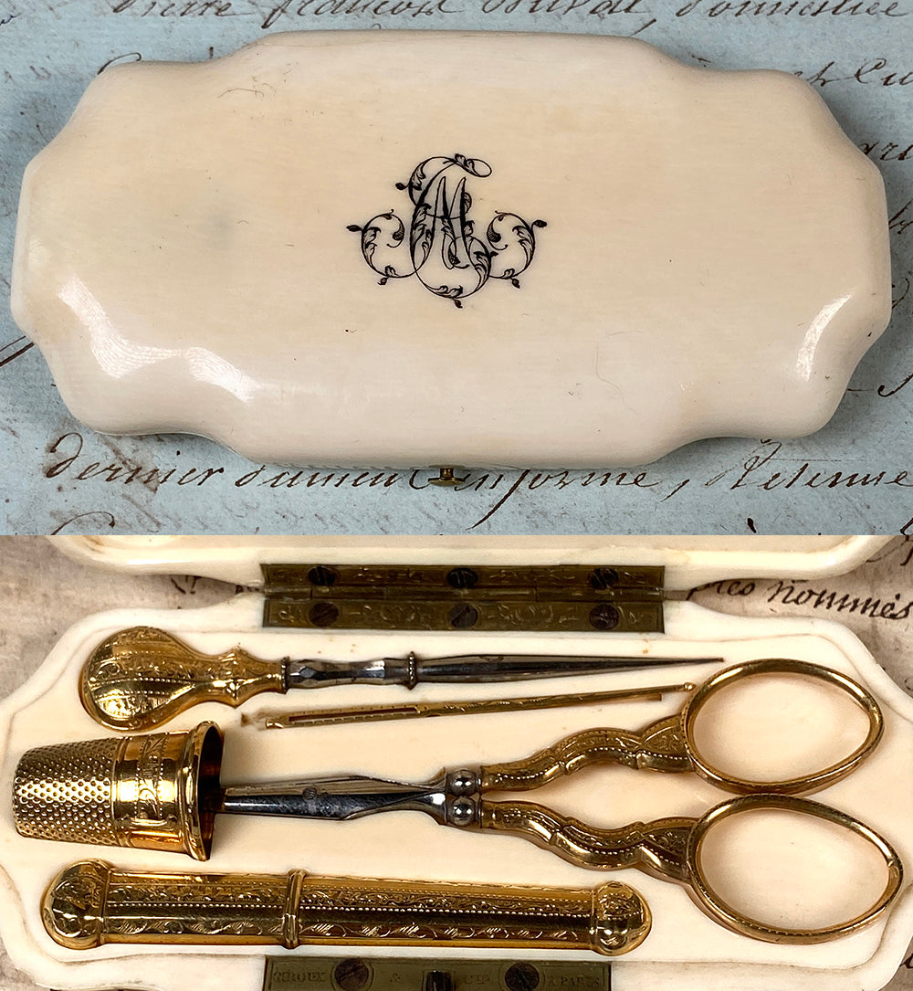 Superb Antique 18k Gold Embroidery or Sewing Set Necessaire in Original c.1850s French Etui of Ivory