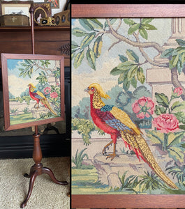 Antique Edwardian to Victorian era Needlepoint Adjustable Pole Fire Screen, Golden Pheasant Tapestry