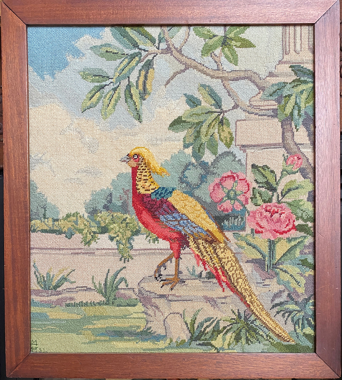 Antique Edwardian to Victorian era Needlepoint Adjustable Pole Fire Screen, Golden Pheasant Tapestry