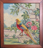 Antique Edwardian to Victorian era Needlepoint Adjustable Pole Fire Screen, Golden Pheasant Tapestry