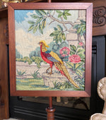 Antique Edwardian to Victorian era Needlepoint Adjustable Pole Fire Screen, Golden Pheasant Tapestry