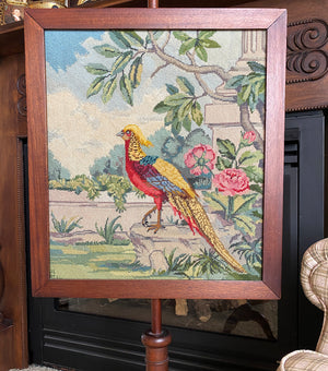 Antique Edwardian to Victorian era Needlepoint Adjustable Pole Fire Screen, Golden Pheasant Tapestry