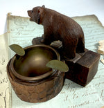 Antique Swiss Black Forest Bear Match Holder, Stand, and Ashtray, Bear with Glass Eyes