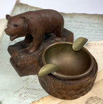 Antique Swiss Black Forest Bear Match Holder, Stand, and Ashtray, Bear with Glass Eyes