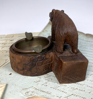 Antique Swiss Black Forest Bear Match Holder, Stand, and Ashtray, Bear with Glass Eyes