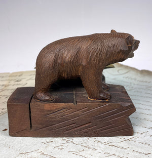 Antique Swiss Black Forest Bear Match Holder, Stand, and Ashtray, Bear with Glass Eyes