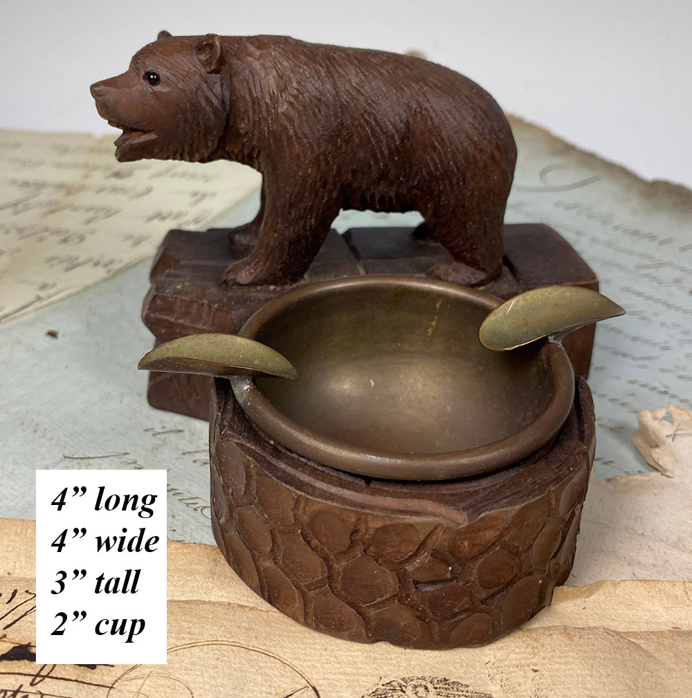 Antique Swiss Black Forest Bear Match Holder, Stand, and Ashtray, Bear with Glass Eyes