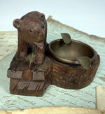 Antique Swiss Black Forest Bear Match Holder, Stand, and Ashtray, Bear with Glass Eyes