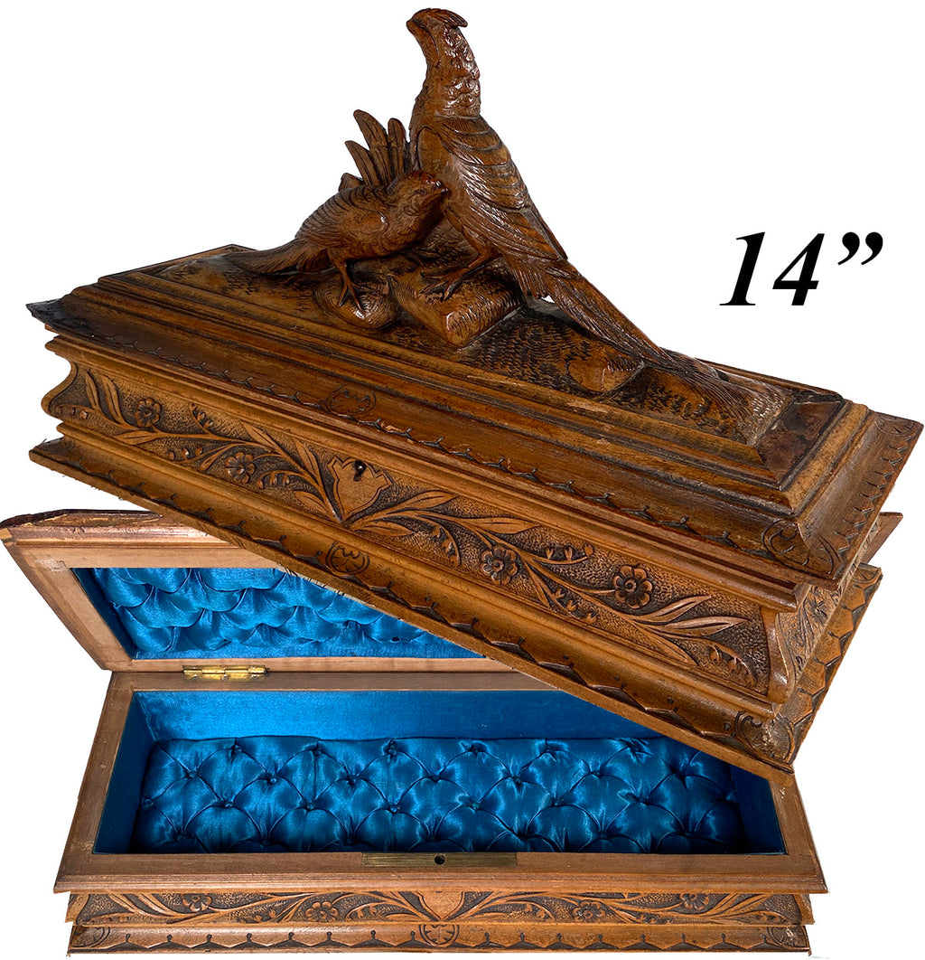 Large 14" Long Antique Swiss Black Forest Carved Glove or Jewelry Box, Casket, Pheasants
