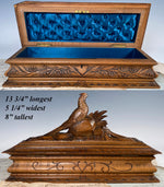 Large 14" Long Antique Swiss Black Forest Carved Glove or Jewelry Box, Casket, Pheasants