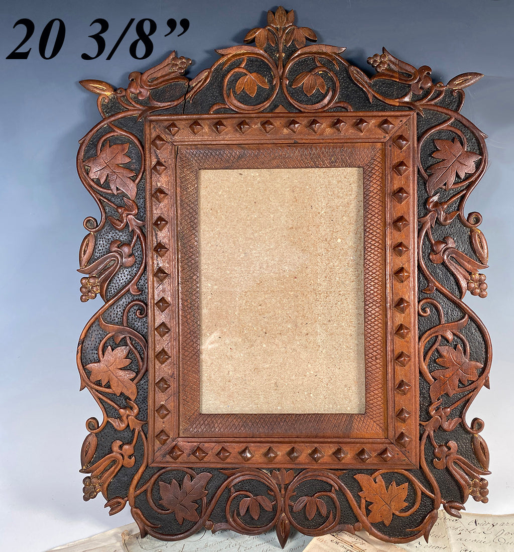 Fine Swiss Black Forest Hand Carved 20 3/8" Tall Wood Wall Frame, Ivy Vines and Leaves