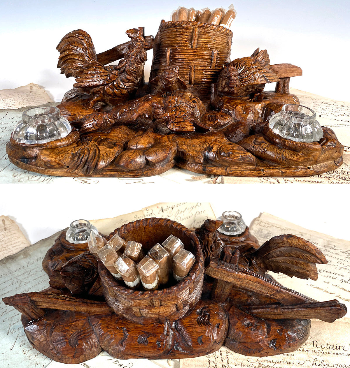 Superb Antique Swiss Black Forest 13.5" Double Inkwell or Cigar Caddy, Rooster and Hen and Chicks