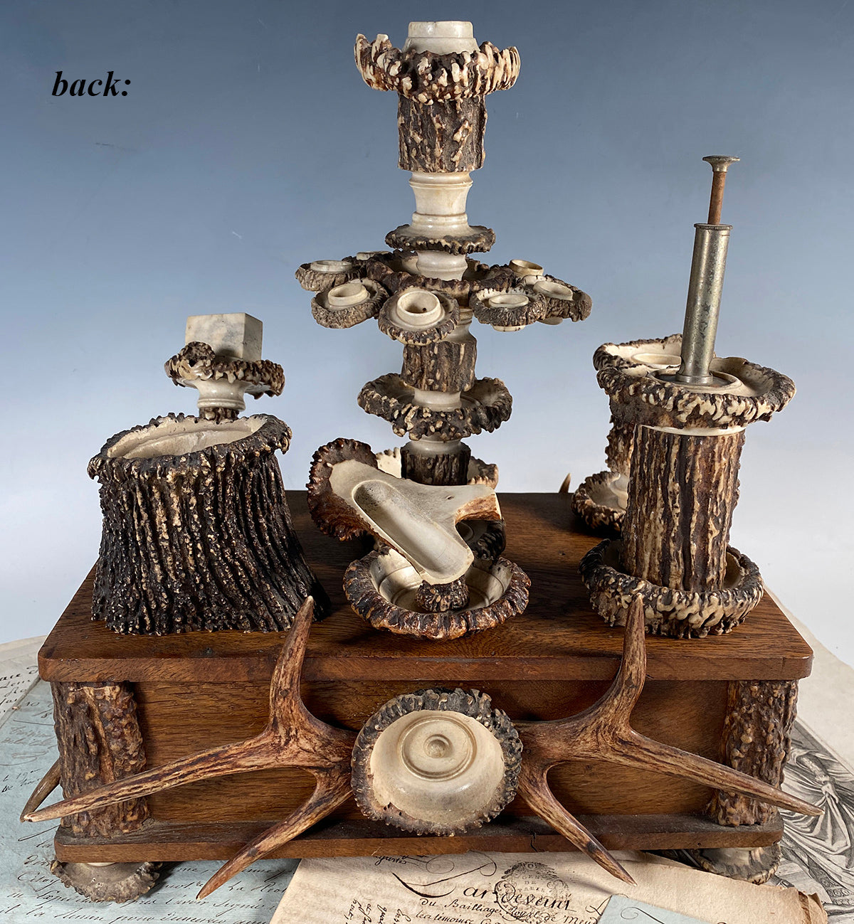 RARE 14" Antique Black Forest Antler Art Smoker's Stand, Cigar and Pipe, Drawer and Match Stand, etc