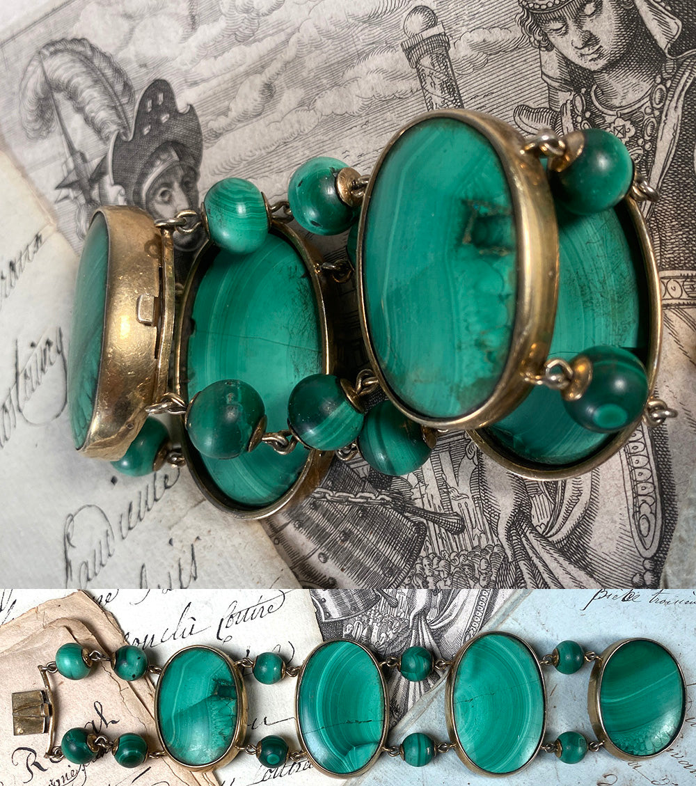 Large Heavy 19th Century Russian Malachite and Silver with Gold Vermeil Bracelet, French Import Mark