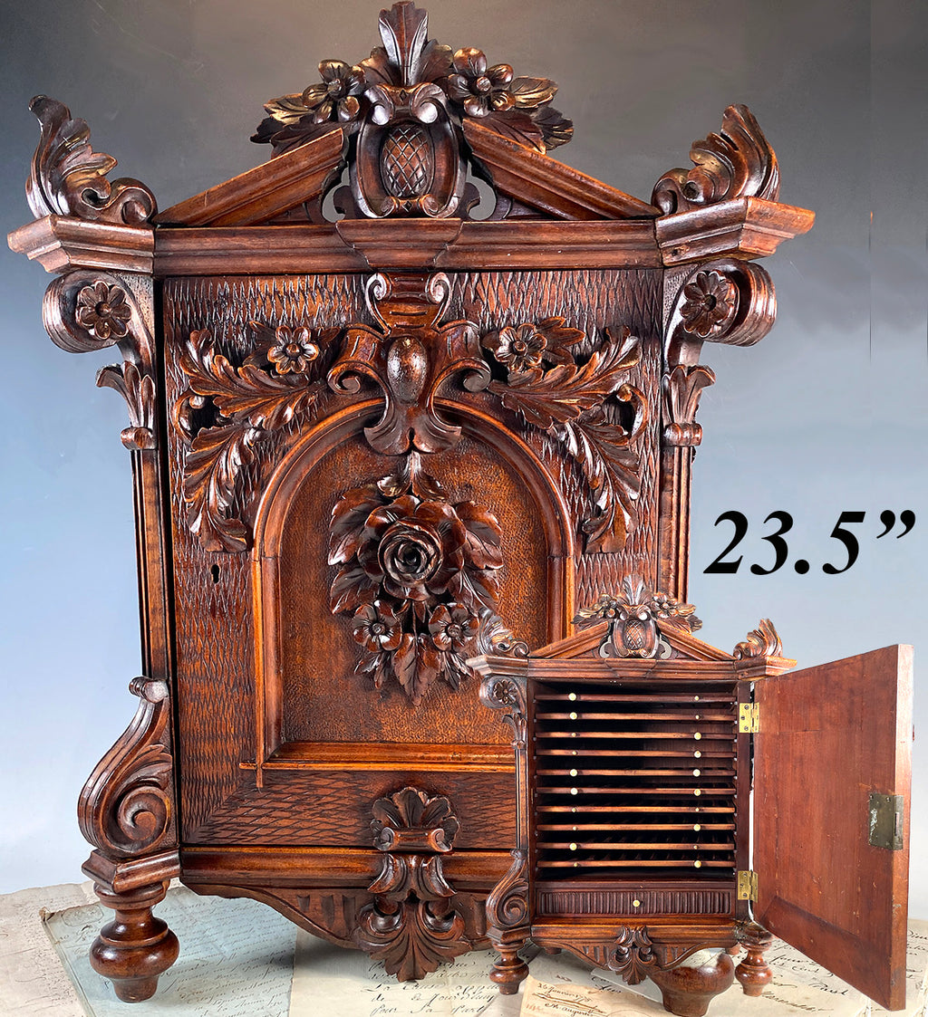 Fabulous Large 23.5" Hand Carved French or Black Forest Cigar Cabinet, Chest, 10 Trays Hold 120 Cigars