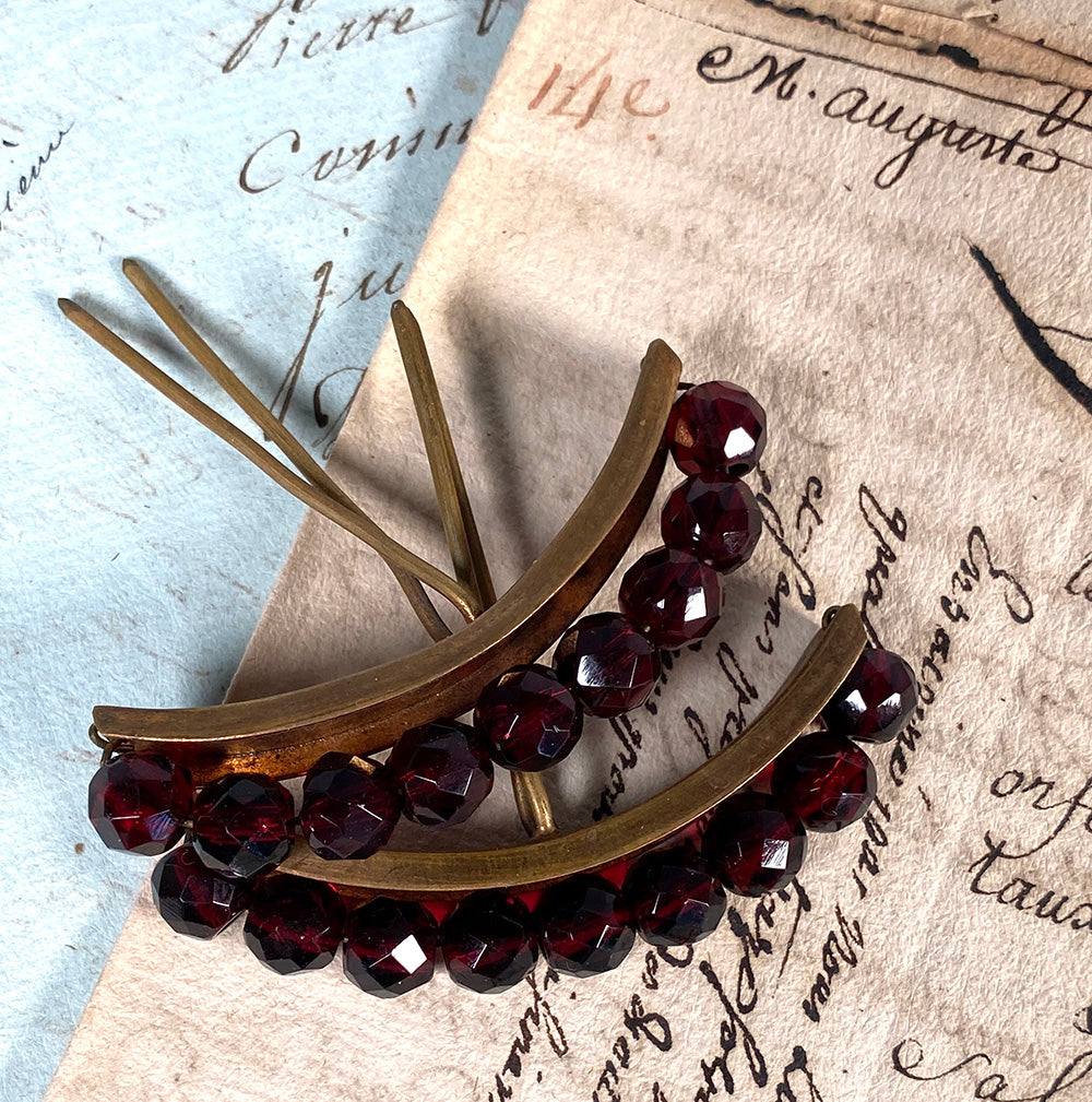 Pair Antique French Facet-Cut Garnet Tiara or Hair Ornamental Combs, Napoleon Iii Era