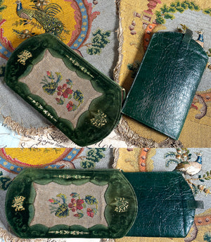Antique French Silk Embroidery on Silk Velvet & Leather Cigar or Spectacles Case, Etui