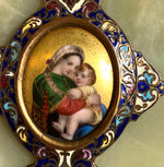 Antique French Champleve Enamel and Porcelain Portrait Miniature Madonna and Christ, Marble Holy Font