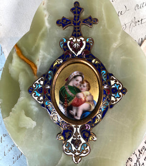 Antique French Champleve Enamel and Porcelain Portrait Miniature Madonna and Christ, Marble Holy Font