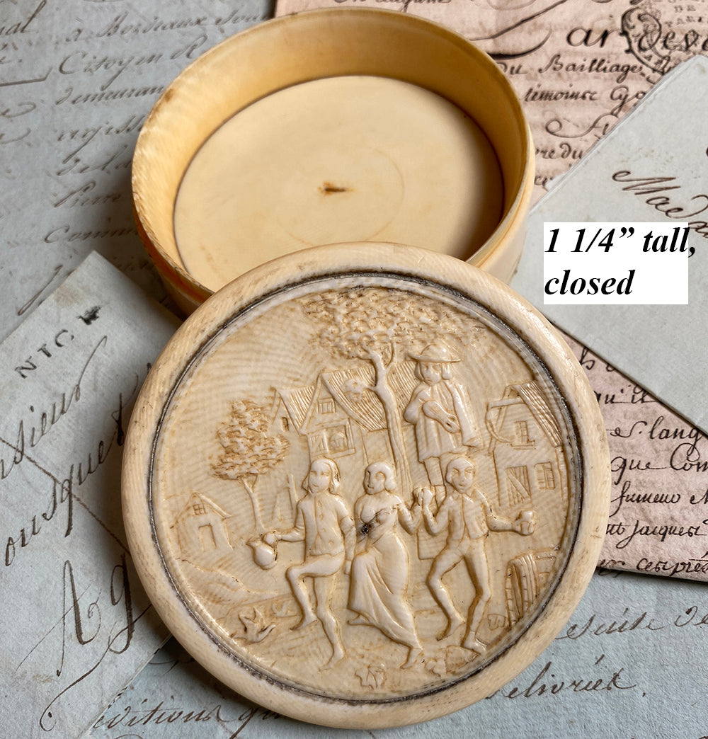 Antique Mid-18th Century Hand Carved Ivory Snuff Box, Colonial Scene, Figural Dancers