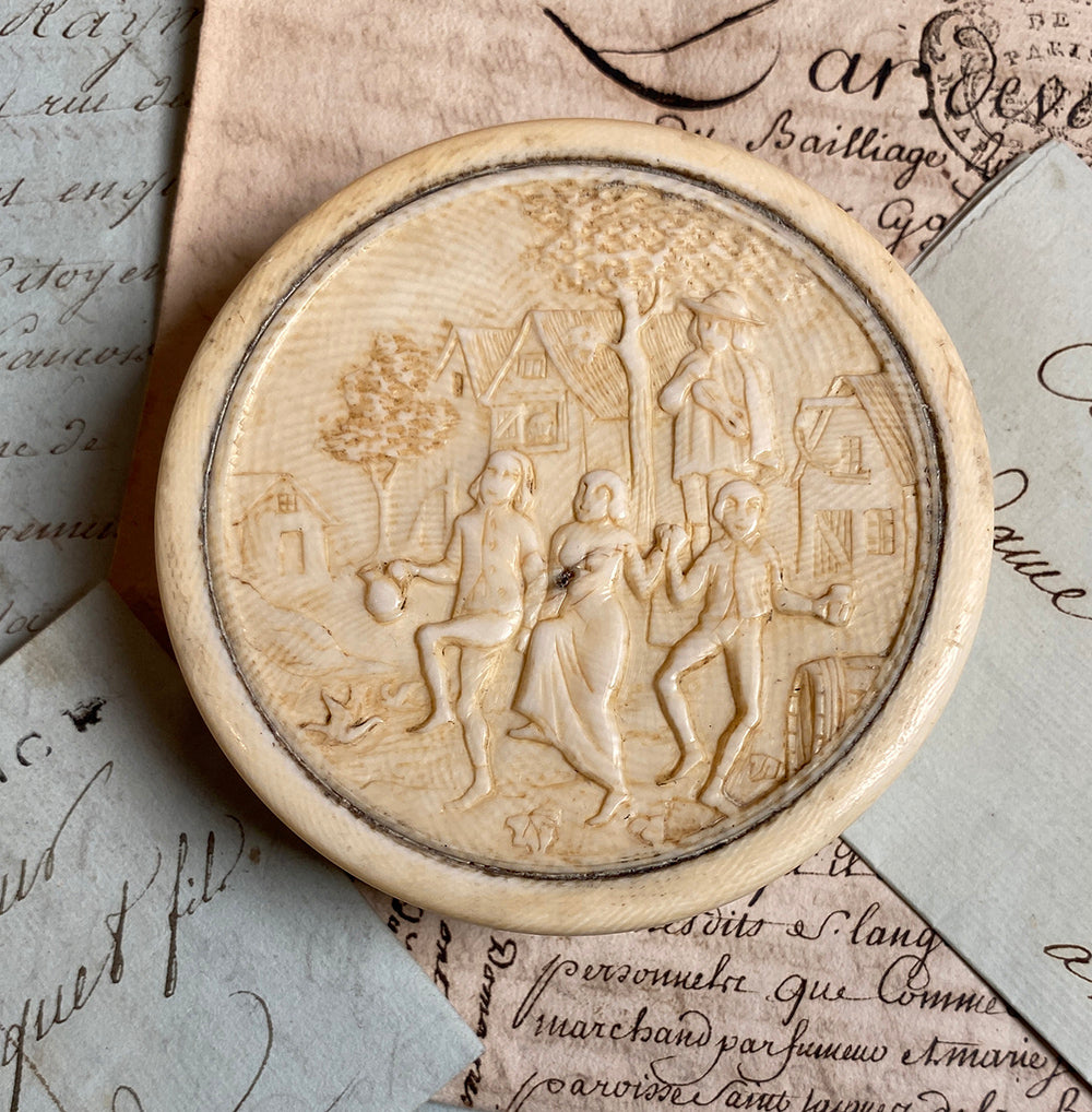 Antique Mid-18th Century Hand Carved Ivory Snuff Box, Colonial Scene, Figural Dancers