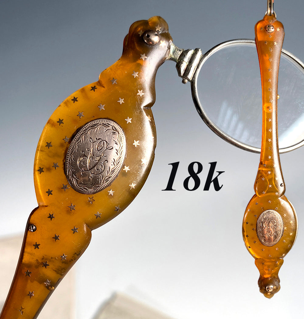 Antique French Blond Tortoise Shell Lorgnette - 18k Gold Pique and Silver 'Vemeil, 1800s