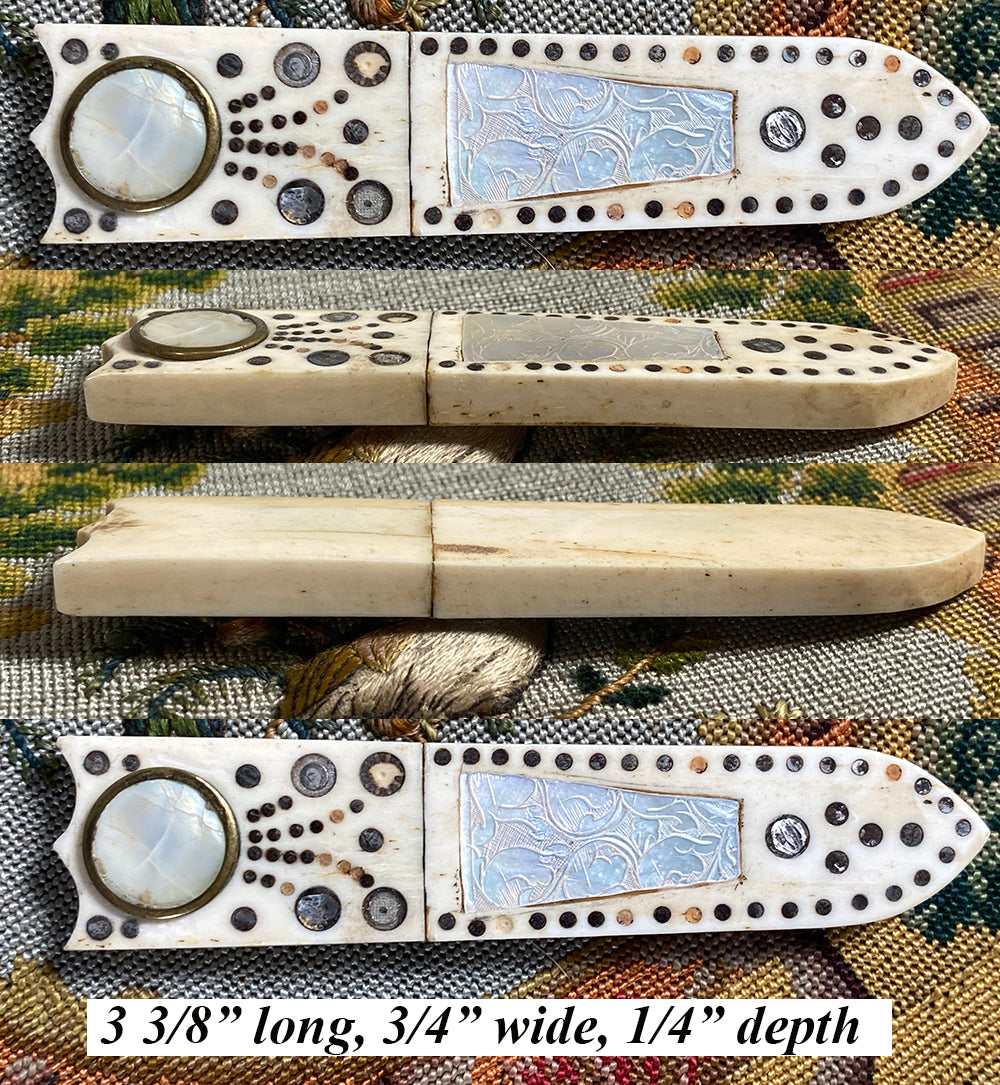 Antique French Palais Royal Carved Ivory Needle Case, 18th Century Pique and Mother of Pearl