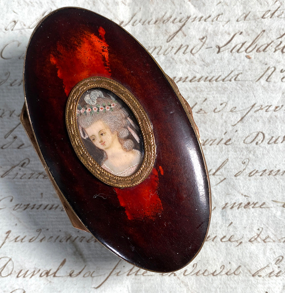 Antique French Portrait Miniature Tortoise Shell Snuff or Patch Box, Souvenir of Marie-Antoinette