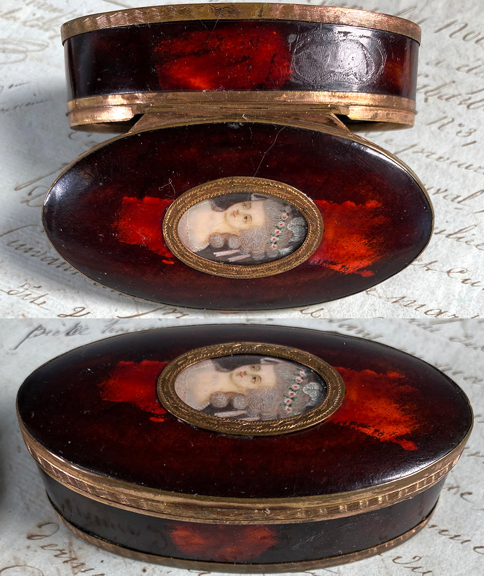 Antique French Portrait Miniature Tortoise Shell Snuff or Patch Box, Souvenir of Marie-Antoinette