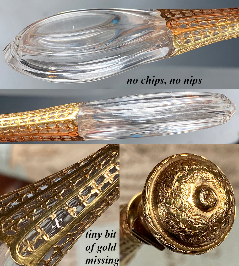 Fine Antique French 18k Gold and Crystal Teardrop Laydown Scent Bottle, Flask, Perfume Flacon