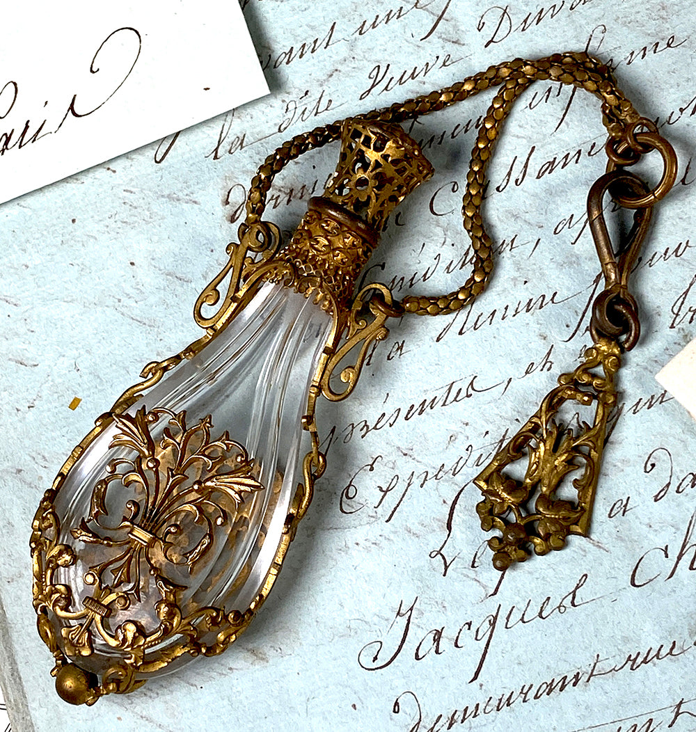 Antique French 19th Century Chatelaine Teardrop Scent Bottle, Dore Bronze and Baccarat Perfume