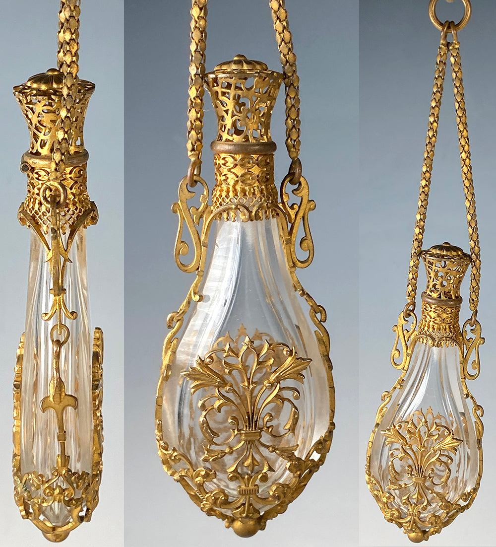 Antique French 19th Century Chatelaine Teardrop Scent Bottle, Dore Bronze and Baccarat Perfume