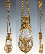 Antique French 19th Century Chatelaine Teardrop Scent Bottle, Dore Bronze and Baccarat Perfume