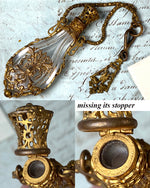 Antique French 19th Century Chatelaine Teardrop Scent Bottle, Dore Bronze and Baccarat Perfume