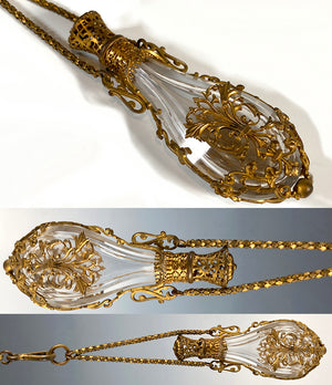 Antique French 19th Century Chatelaine Teardrop Scent Bottle, Dore Bronze and Baccarat Perfume