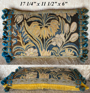 Antique 18th Century French or Flemish Verdure Tapestry Fragment Throw Pillow, French Silk Passementerie