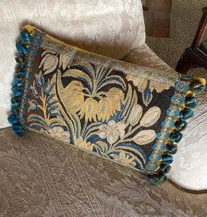 Antique 18th Century French or Flemish Verdure Tapestry Fragment Throw Pillow, French Silk Passementerie