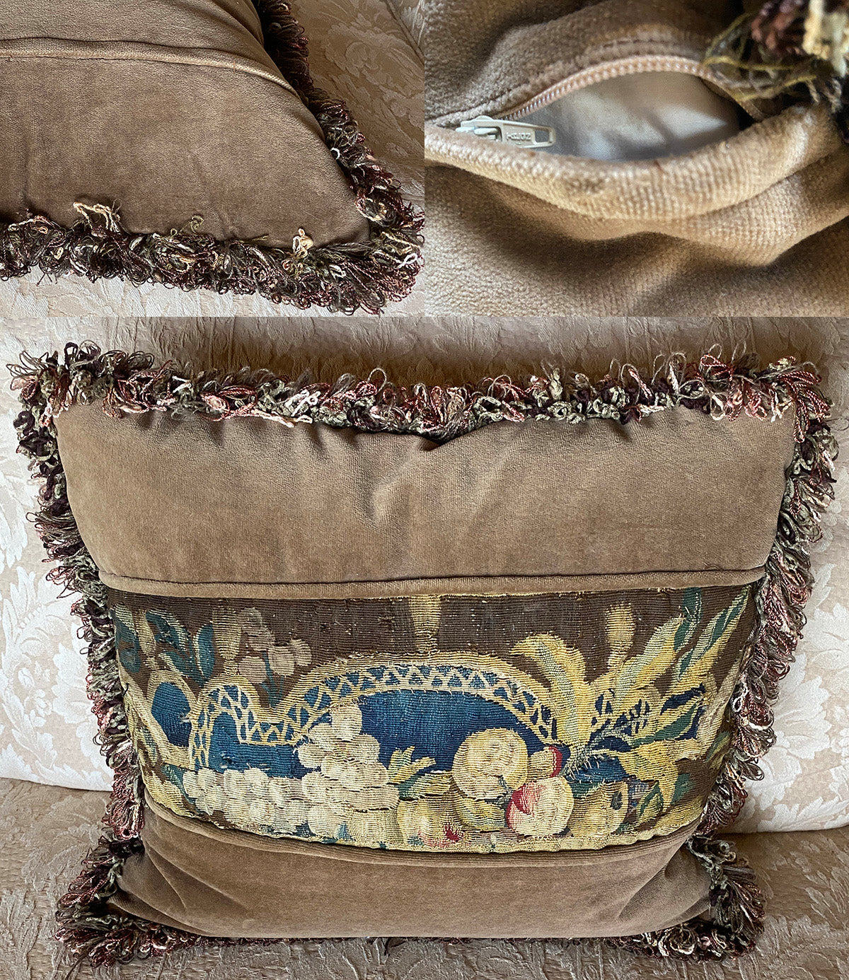 Antique 17th French Aubusson Tapestry Panel, Down-filled Throw or Decorator Pillow, Passementerie Fringe