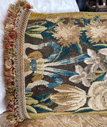 Antique 18th Century French or Flemish Verdure Tapestry Fragment Made into Elegant Throw Pillow, Fringe