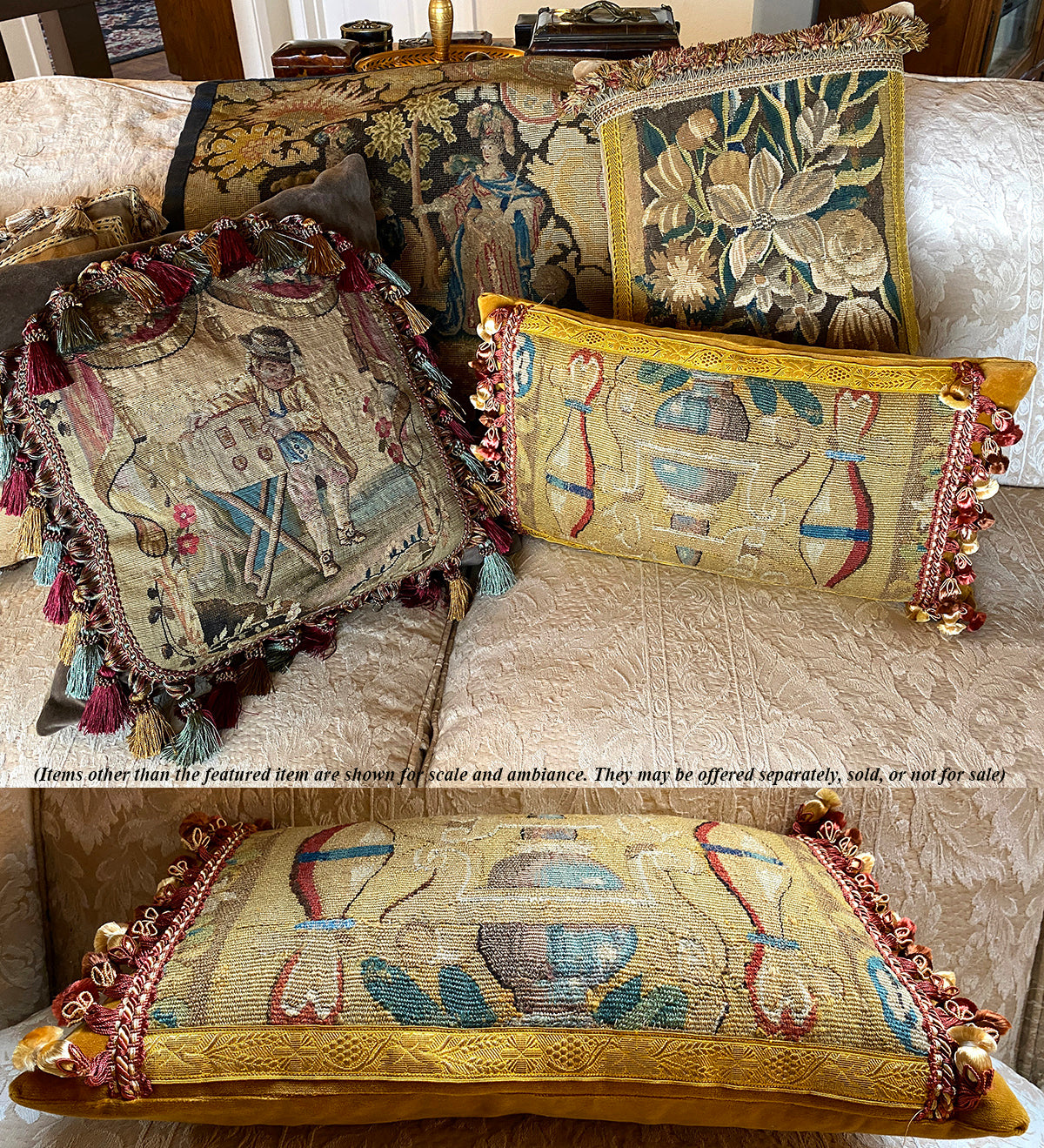 Opulent Antique Aubusson Tapestry Fragment Made as Fine Decorator or Throw Pillow, Passementerie