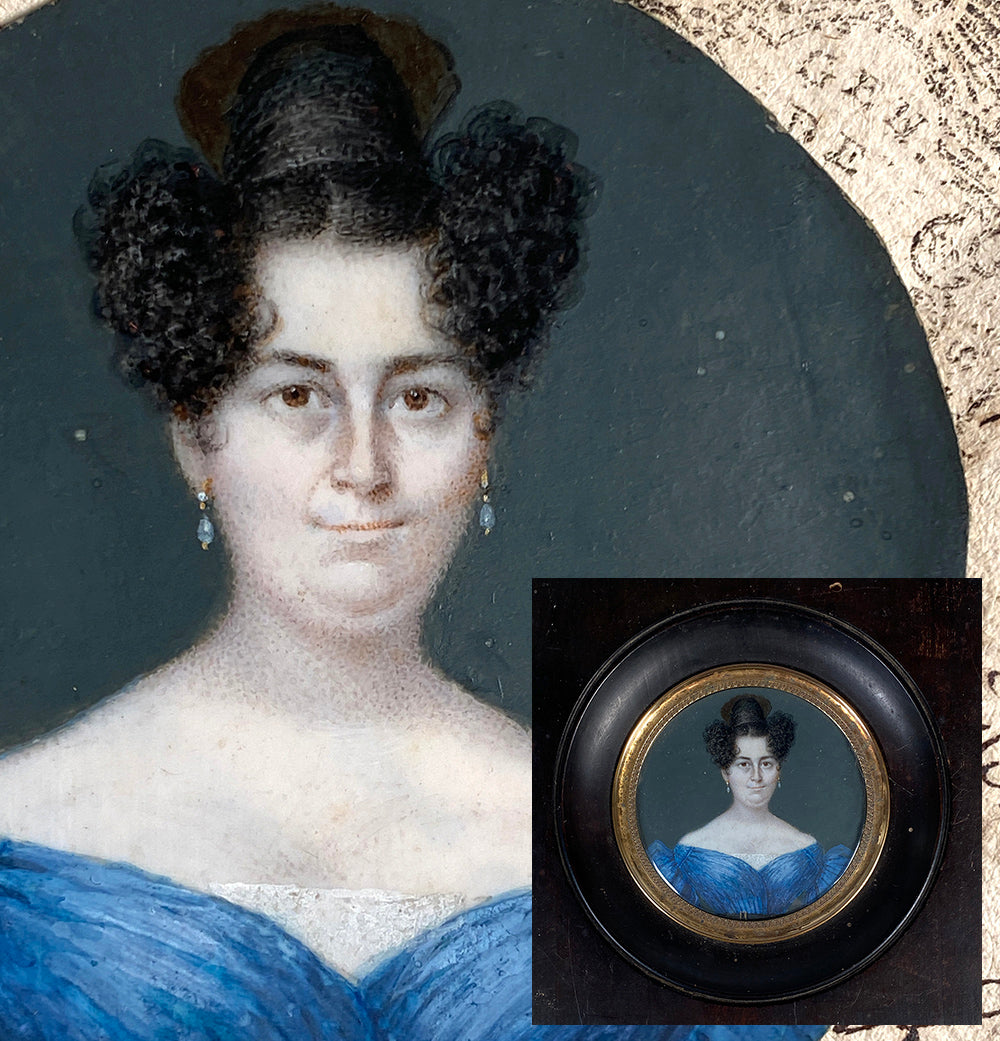 Antique French Portrait Miniature, Stylish Woman c. 1820-1830s in Blue Off Shoulder Gown