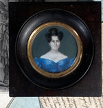 Antique French Portrait Miniature, Stylish Woman c. 1820-1830s in Blue Off Shoulder Gown