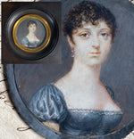 Antique French Portrait Miniature, Young Beauty in Blue Empire Gown, Titan or Guillotine Haircut