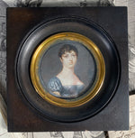 Antique French Portrait Miniature, Young Beauty in Blue Empire Gown, Titan or Guillotine Haircut