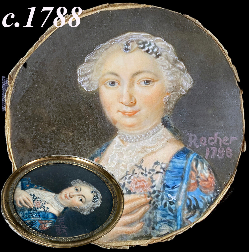 Antique French Revolution Portrait Miniature, Artist Signed, Dated 1788, Beautiful Matron