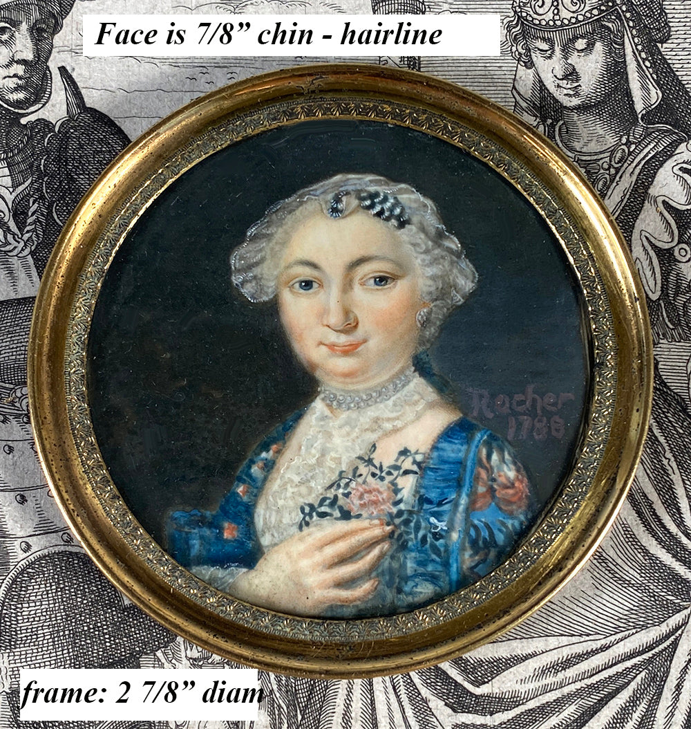 Antique French Revolution Portrait Miniature, Artist Signed, Dated 1788, Beautiful Matron