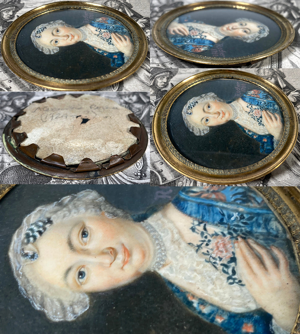 Antique French Revolution Portrait Miniature, Artist Signed, Dated 1788, Beautiful Matron